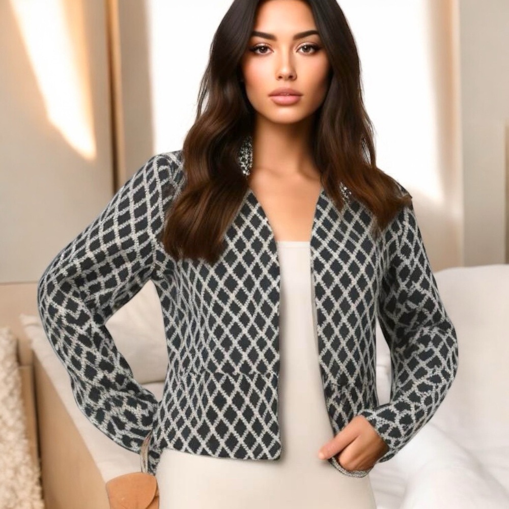 Ellen Tracy Black and White Diamond Print Open Front Blazer Size 8